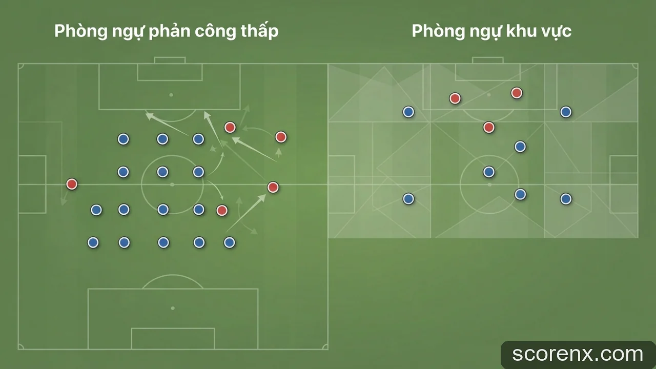 Minh họa: Phân biệt lối chơi phòng ngự phản công thấp và phòng ngự khu vực